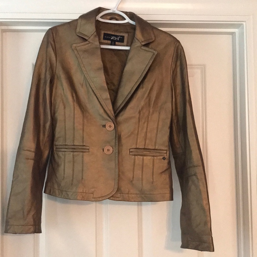 Women’s leather Black Rivet brand Blazer style jacket.